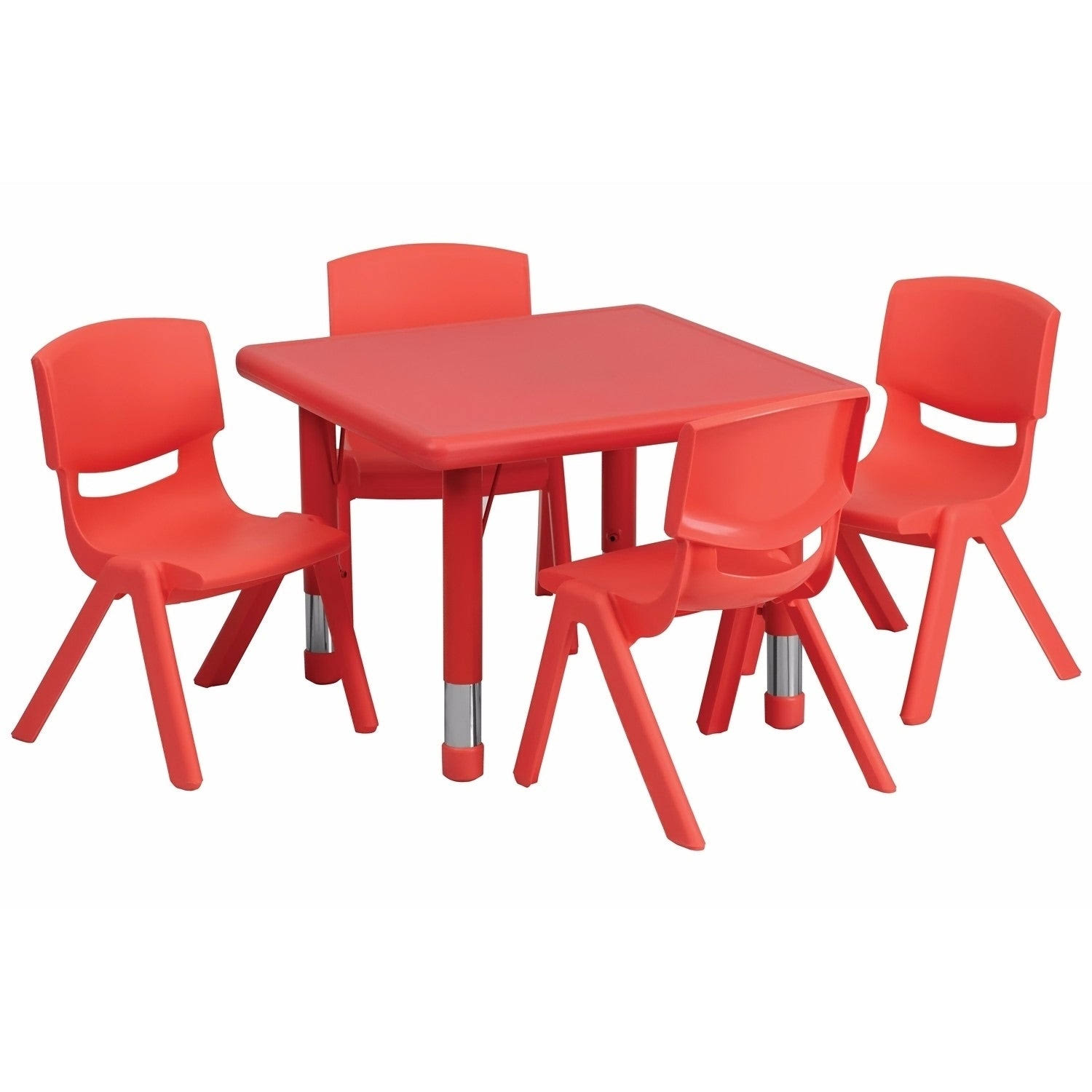 Offex 24'' Square Plastic Height Adjustable Activity Table Set with 4 Chairs - Red