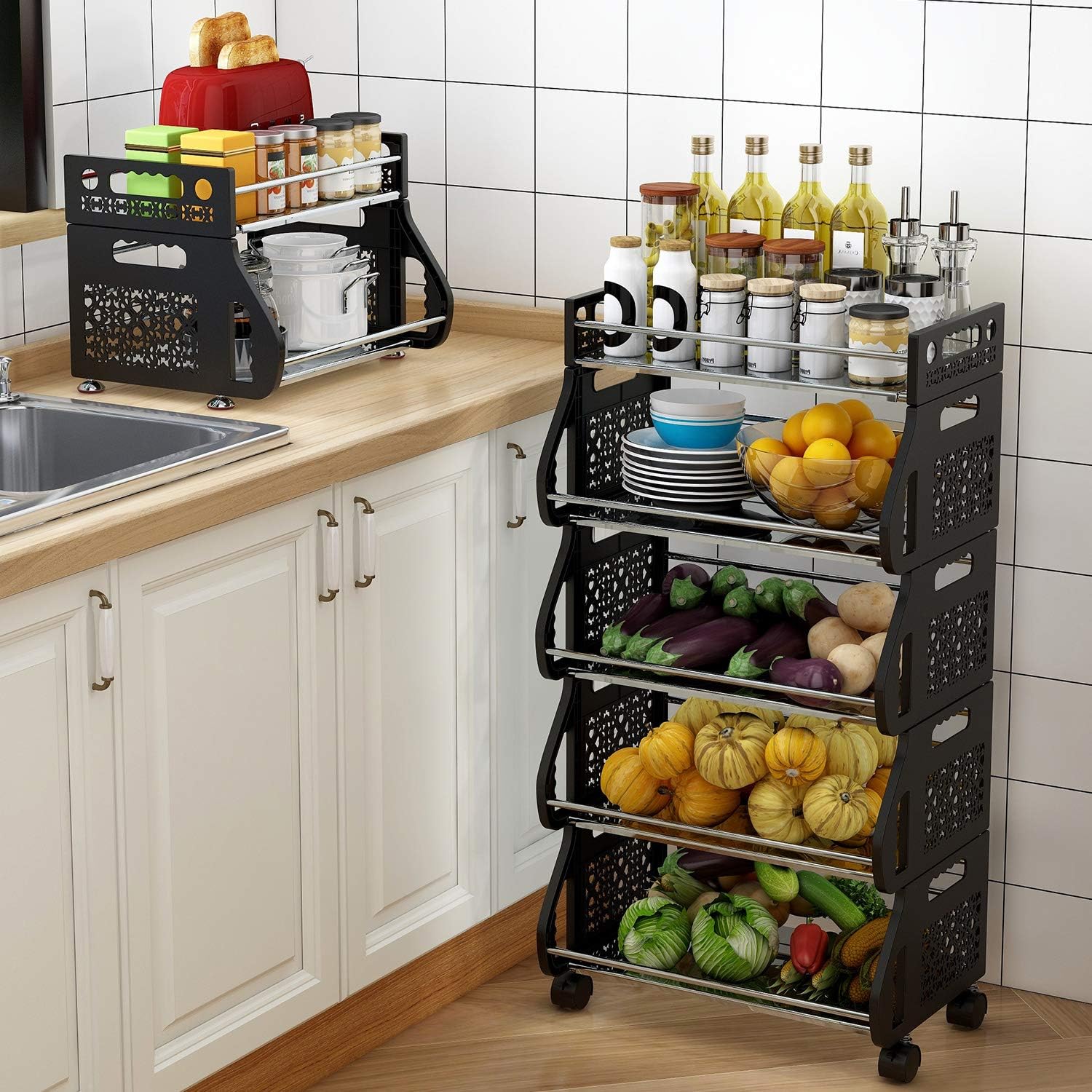 Kitchen Storage Cart, DUSASA 5-Tier Rolling Stackable Multifunction Basket Utility Cart Rack Stainless Storage Organizer Cart for Kitchen, Pantry Closet, Bedroom, Bathroom, Laundry (5-Tier)