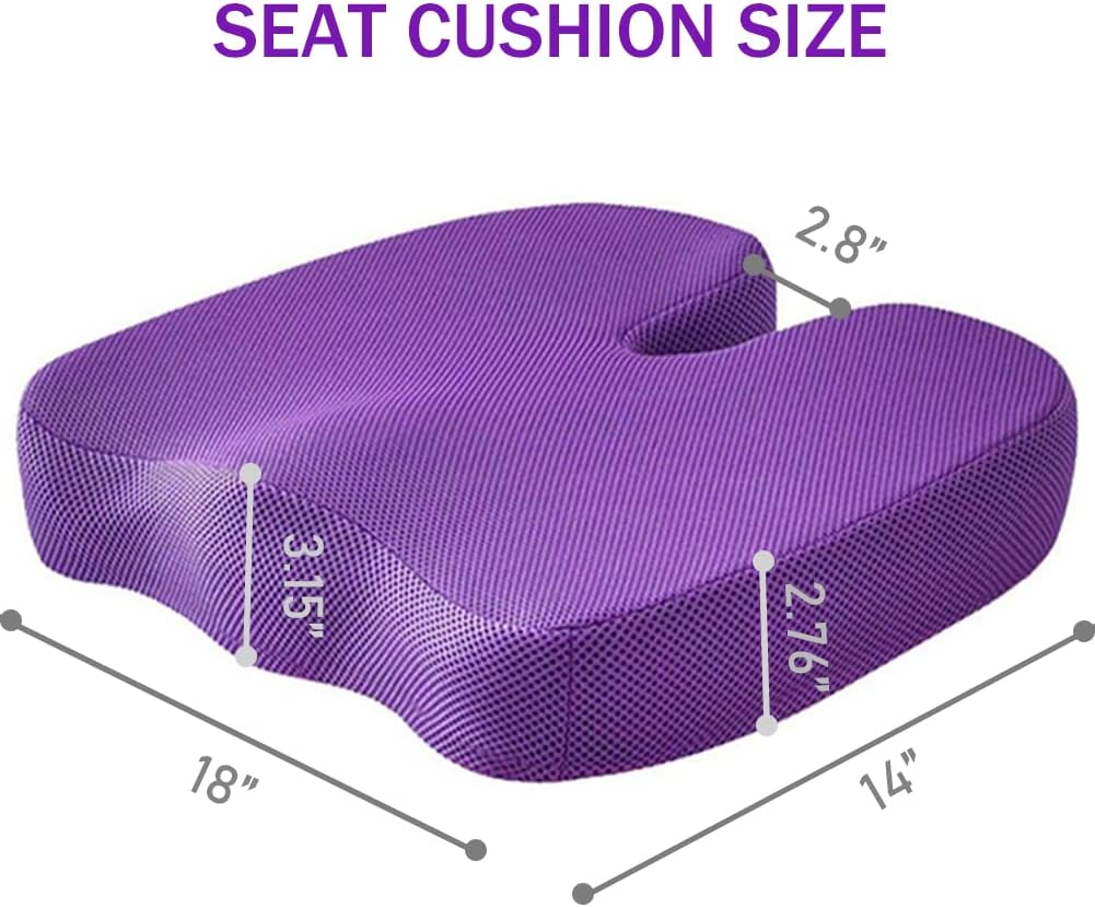 Purple Seat Cushion Memory Foam Coccyx Cushion Non-Slip Orthopedic Chair Pads, Comfort Office Chair Seat Cushion Pillow for Back, Coccyx, & Tailbone Pain Relief (18x14x2.8inch)