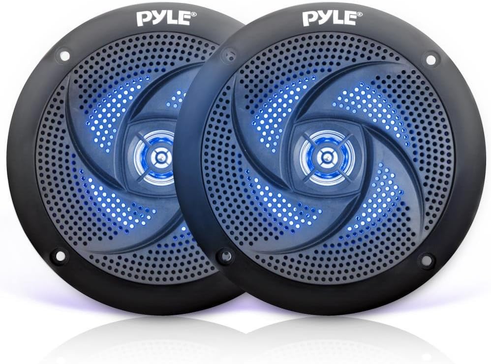Pyle Marine Speakers - 5.25 Inch 2 Way Waterproof and Weather Resistant Outdoor Audio Stereo Sound System with LED Lights, 180 Watt Power and Low Profile Slim Style - 1 Pair - PLMRS53BL (Black)