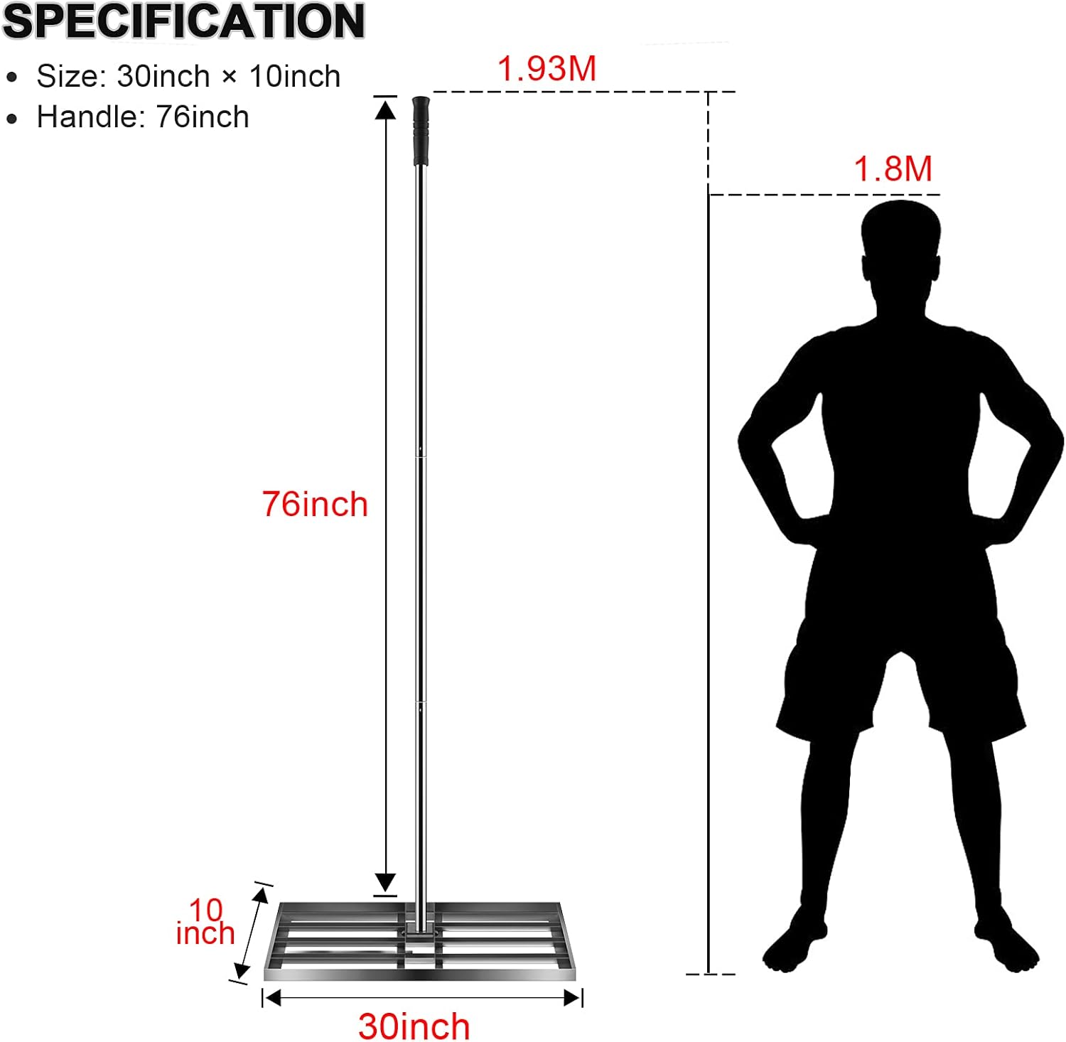 Doniks Lawn Leveling Rake 30'' x 10'' - Stainless Steel Lawn Leveling rake, with 76 inch Extra Long Handle Gardening Hand Tool Rake for Garden Backyard Lawn Farm (30 inch)