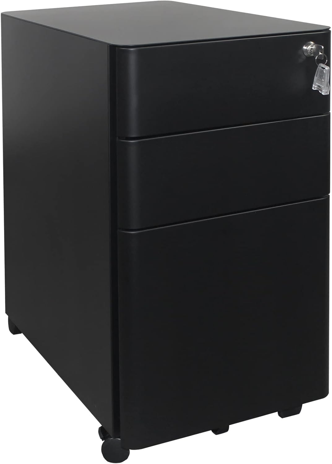 MIIIKO 3 Drawer Filing Cabinet with Lock, Slim Mobile File Cabinet with Round Edges, Black Home Office Storage Cabinet for Files A4/Letter/Legal, Full Assembled Except Casters