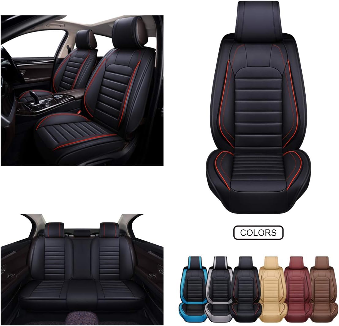 OASIS AUTO OS-011 Leather Car Seat Covers, Faux Leatherette Automotive Vehicle Cushion Cover for 5 Passenger Cars & SUV Universal Fit Set for Auto Interior Accessories (OS-011 Full Set, Brown)