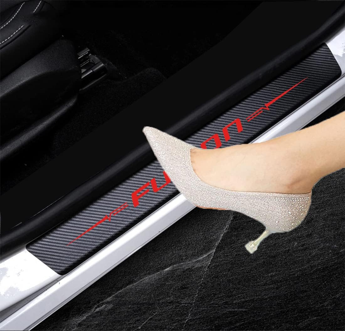 MAXDOOL 4Pcs Door Sill Protector Reflective 4D Carbon Fiber Sticker Decoration Door Entry Guard Door Sill Scuff Plate Stickers Accessories Compatible for Fusion(Red)