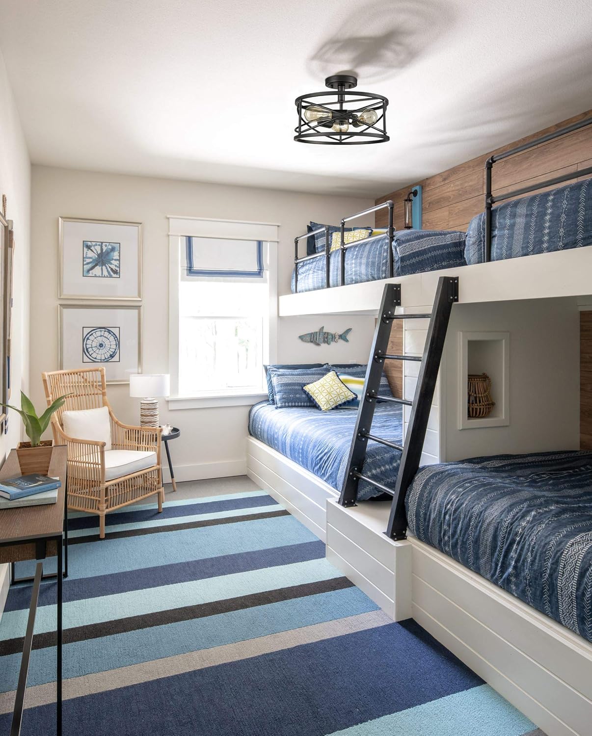 DAYCENT Rustic Semi Flush Ceiling Lights Metal Drum Ceiling Light, 3-Light, Black