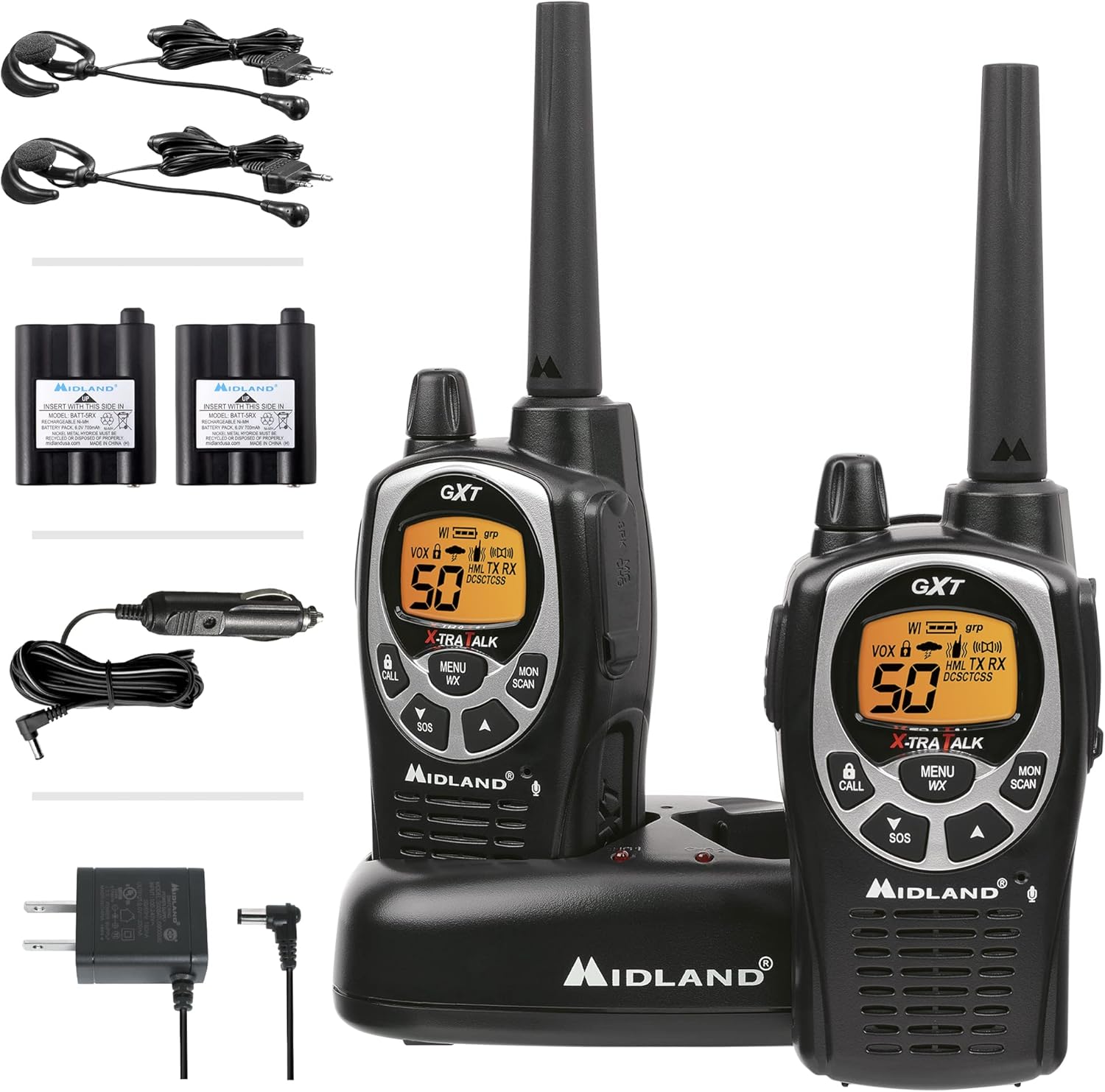 Midland 50 Channel Waterproof GMRS Two-Way Radio - Long Range Walkie Talkie with 142 Privacy Codes, SOS Siren, and NOAA Weather Alerts and Weather Scan (Black/Silver, Pair Pack)
