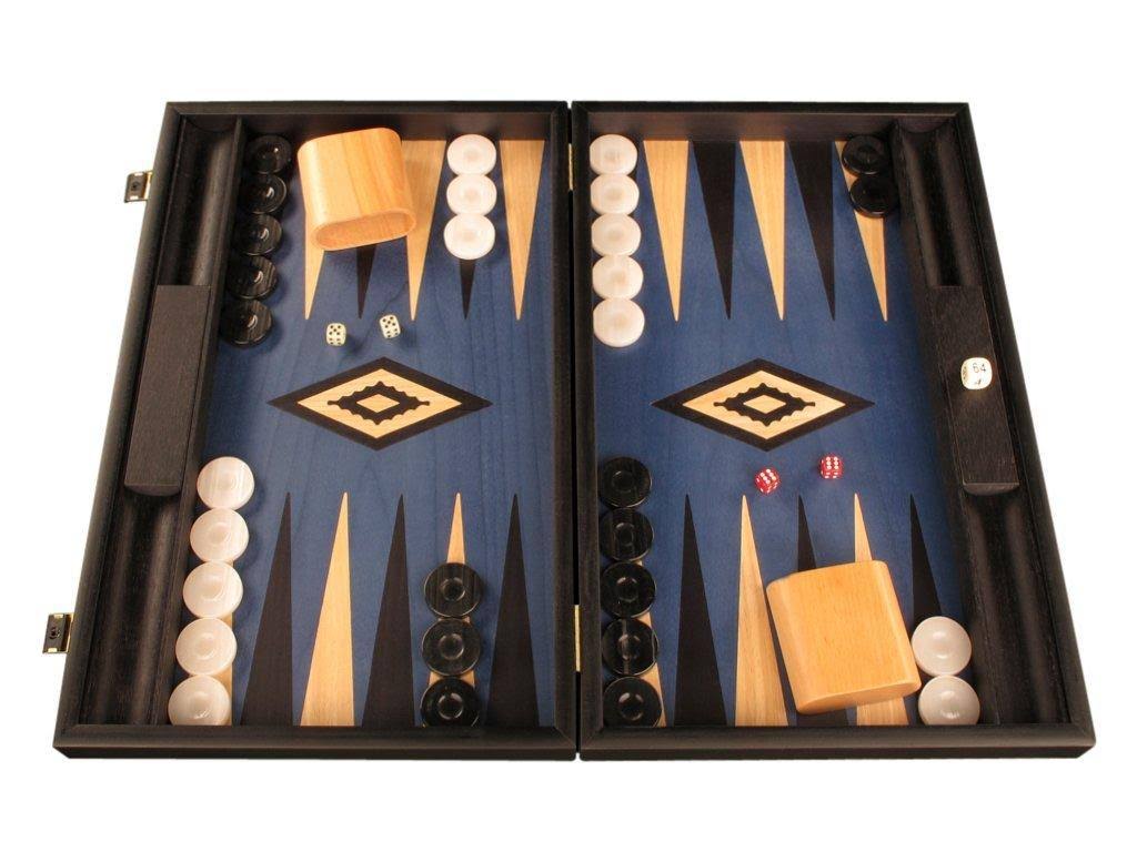 Wooden Backgammon Set - Board Game - Large, Black / Blue