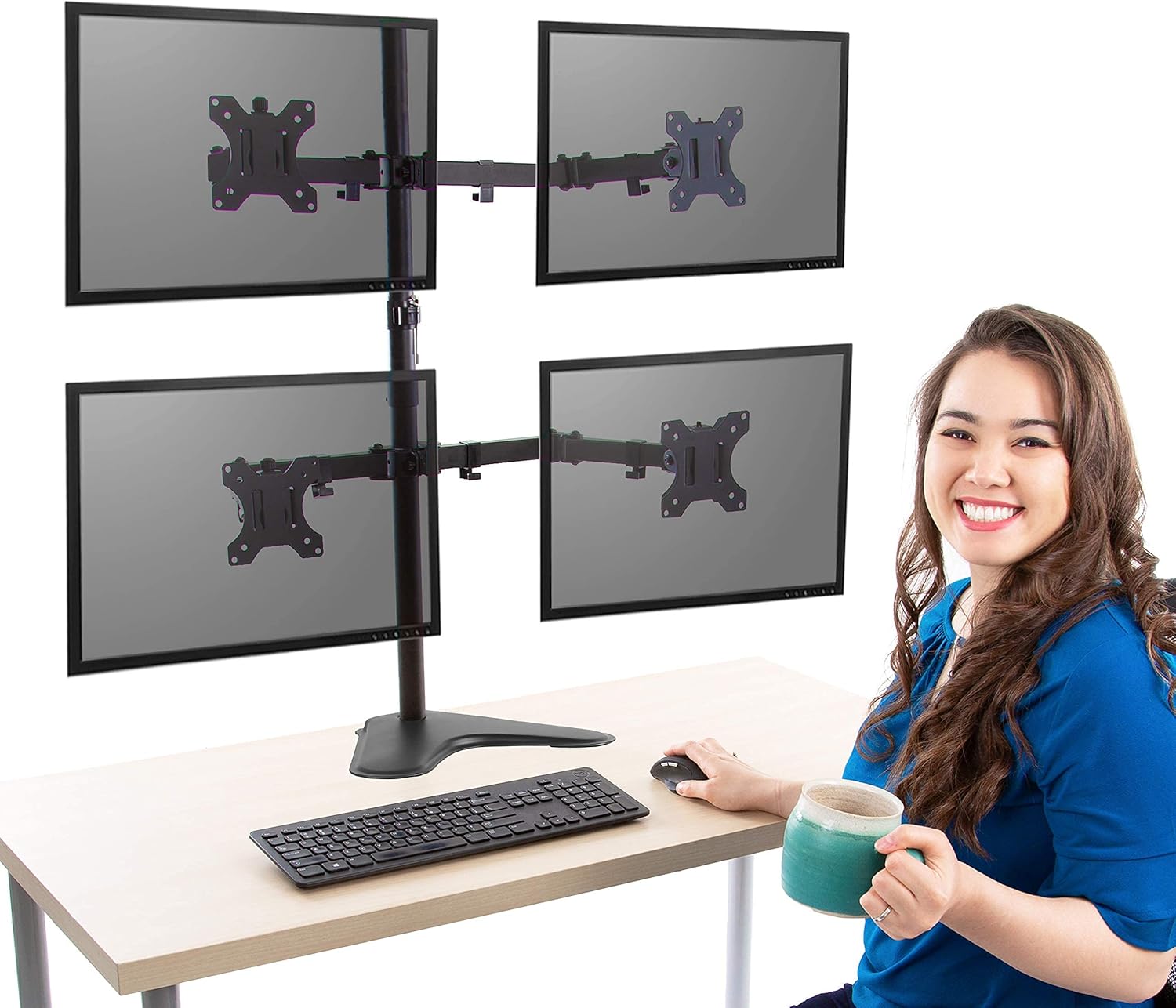 Stand Steady 4 Monitor Mount | Height Adjustable Monitor Stand with Stabilizing Freestanding Base | Four Monitor Arm with Full Articulation VESA Mount Fits Most LCD/LED Monitors 17-32 in. (Black)