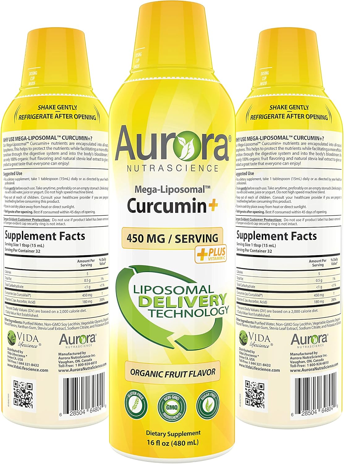 Aurora Nutrascience Mega-Liposomal Curcumin+ Vitamin C with CurcuVail®, Organic Fruit Flavor, Gluten Free, Non-GMO, Sugar Free 450mg per Serving, 16 fl oz (480 mL) Pack of 2