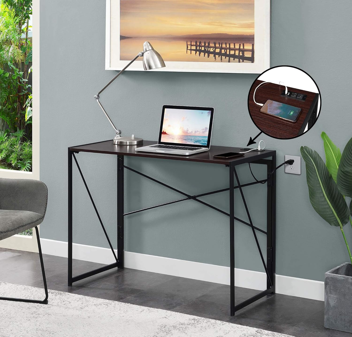 Convenience Concepts Xtra Folding Desk with Charging Station, Espresso/Black Pack of 2