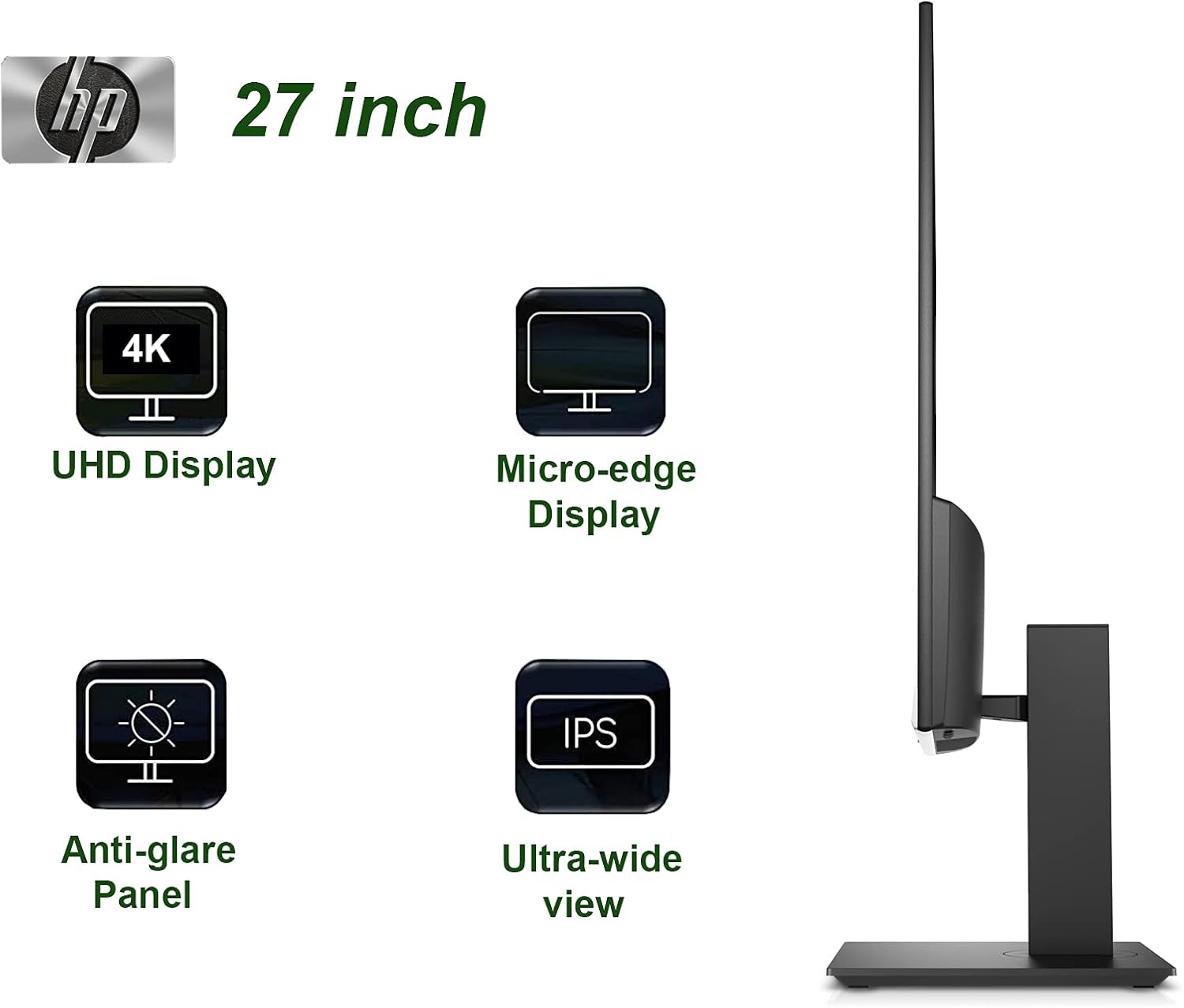 HP Gaming Desktop, Laptop, Playstation, Computer Monitor 27F 4K UHD 3840 x 2160 27 Inch Monitor, HDMI & Display Port, Response Times 5 ms Gray to Gray (Renewed), Black