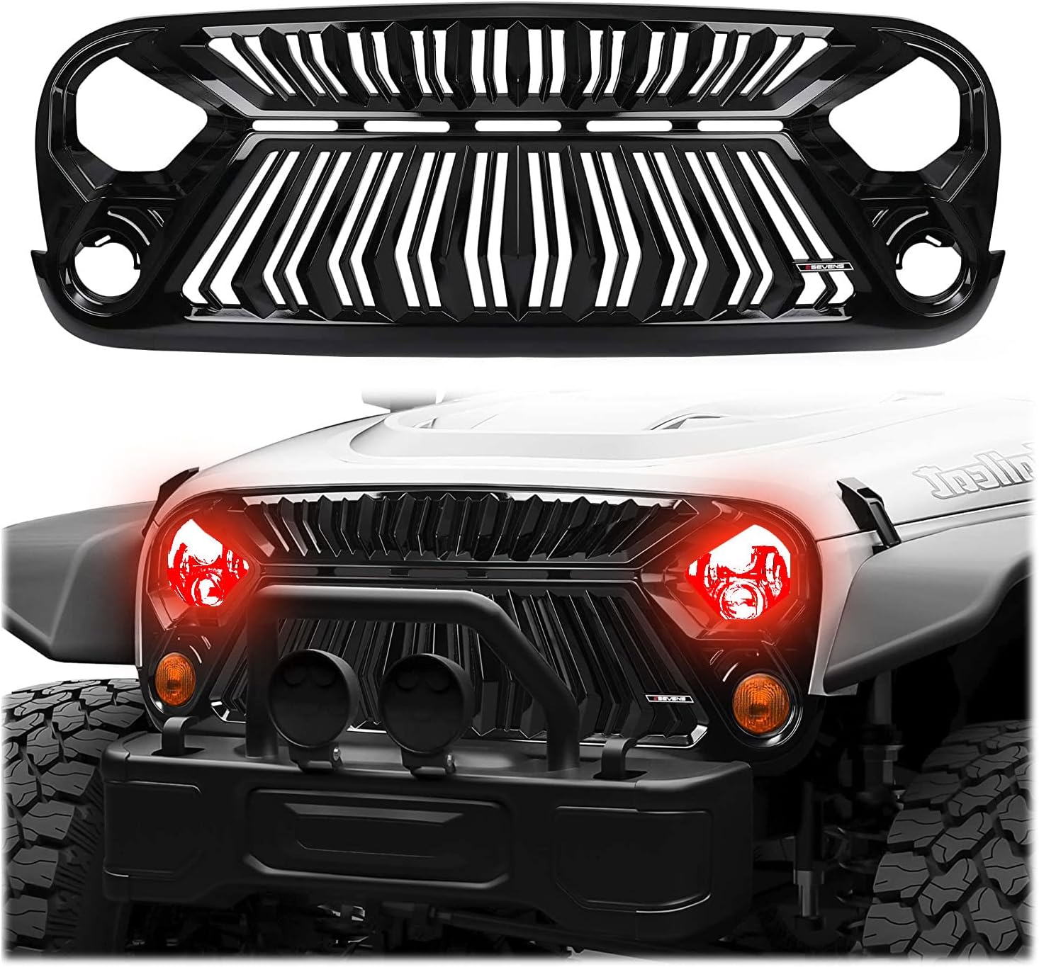SEVEN SPARTA Front Grill Compatible with Jeep Wrangler JK/JKU 2007-2017 Thunderfury Style with 5 LED Grille Lights, Strip, Clips and Rivets (Painted Gloss Black)