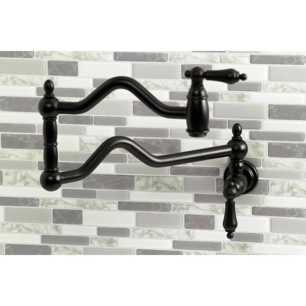 Kingston Brass Heritage Matte Black 2-Handle Wall-Mount Pot Filler Handle Kitchen Faucet | WLKS2100AL