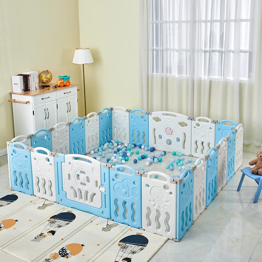 Albott Baby Playpen 18 Pieces Kids Safety Activity Center Folding Playyard Safety Lock Gate,Adjustable Shape, Portable Design for Indoor Outdoor Use Grey+White, 18 Panel
