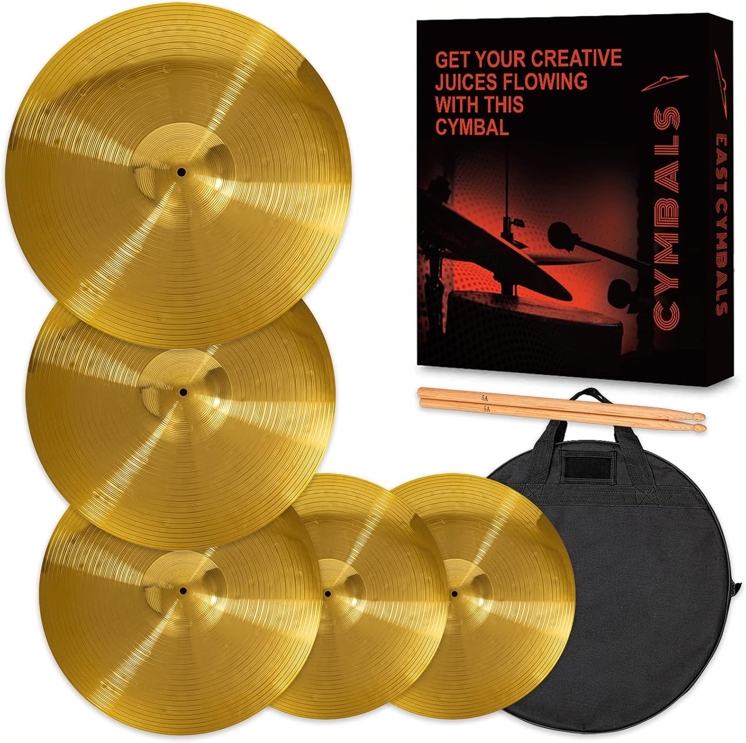 Cymbal Pack, Cymbal Set 14''/16''/18''/20'' (5 Pcs) | FREE Cymbal Bag included (Gold)