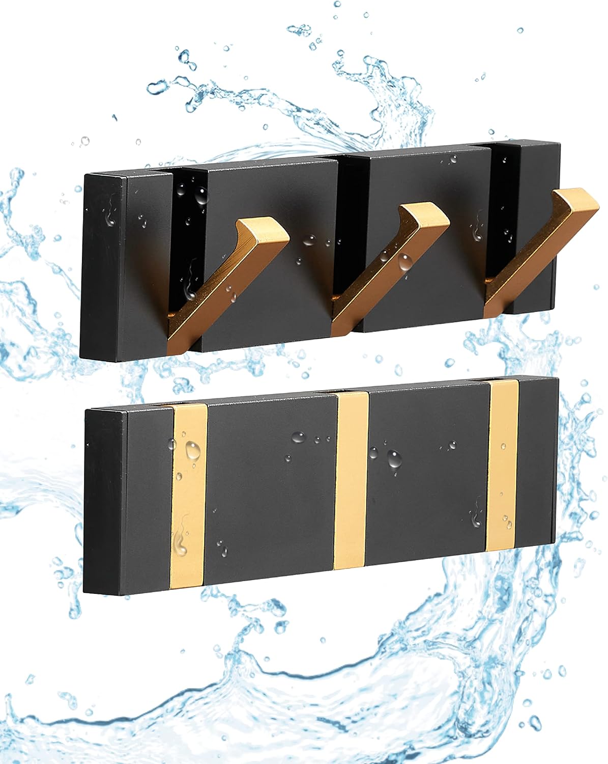 2 Pack，Watertight Black Gold Towel Hooks，Folded Invisible Coat Wall Hooks，Bathroom Towel Hook for Wall，Black Matte Minimalist Towel Hooks，Key Hooks for Wall，Door Robe Hooks，Also for Kitchen，Balcony.