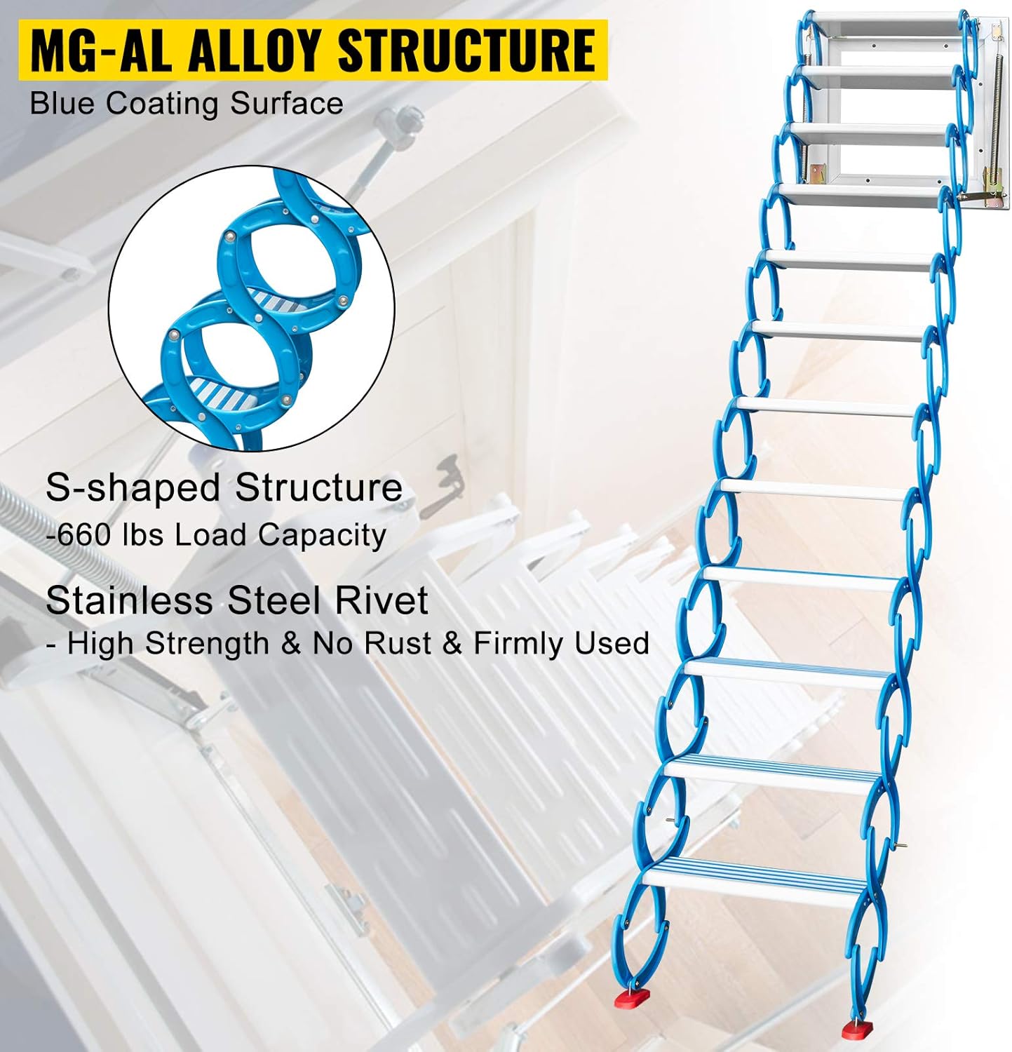 VEVOR Attic Steps Pull Down 12 Steps Attic Stairs, Alloy Attic Access Ladder, Blue Pulldown Attic Stairs, Wall-mounted Folding Stairs for Attic, Retractable Attic Ladder with Armrests, 9.8 feet Height