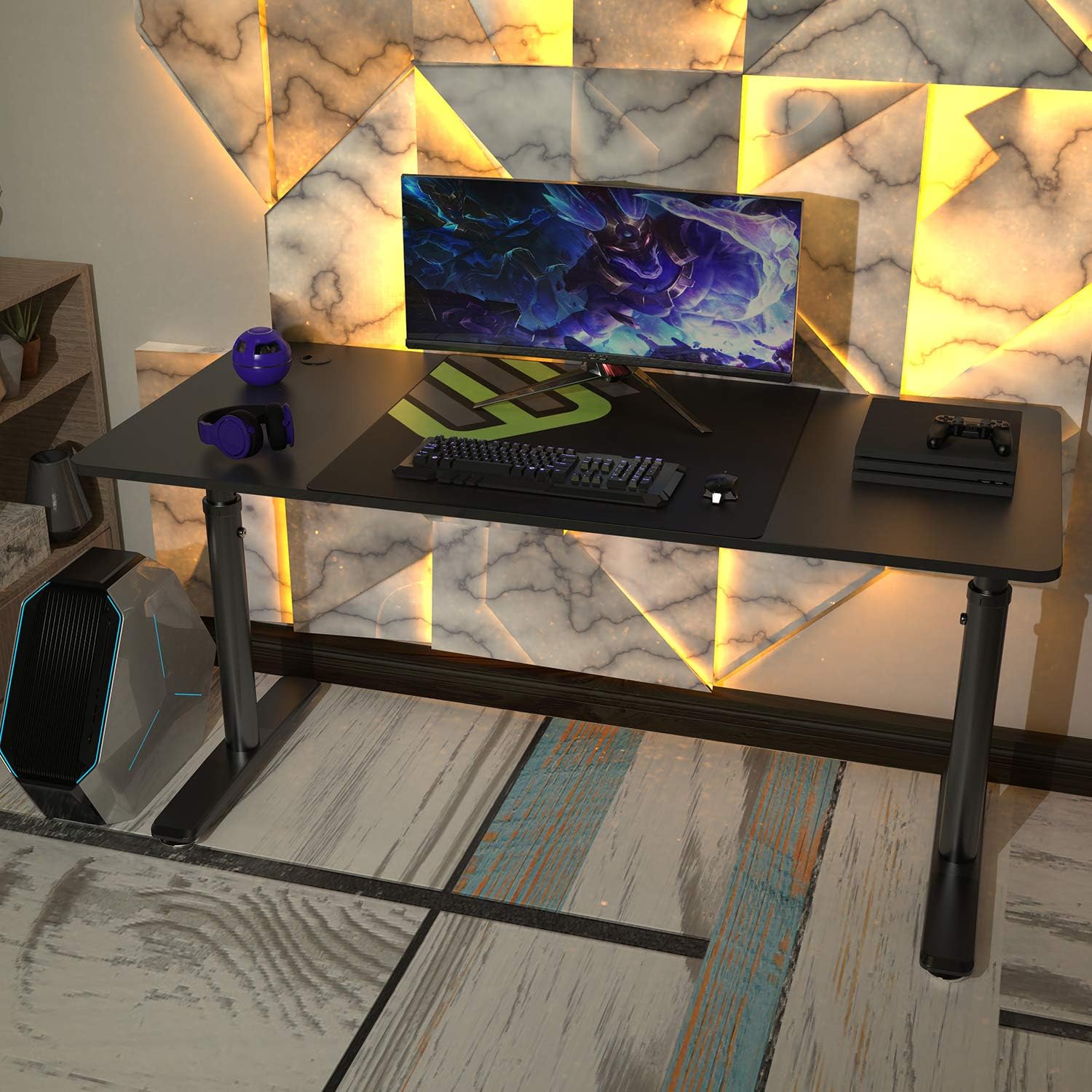 It's_Organized Gaming Desk, 60 Inch Height Adjustable Gaming Computer Desk,PC Gaming Desk Study Writing Laptop Table Workstation, Home Office Gaming Desk Multi-Functional,Black