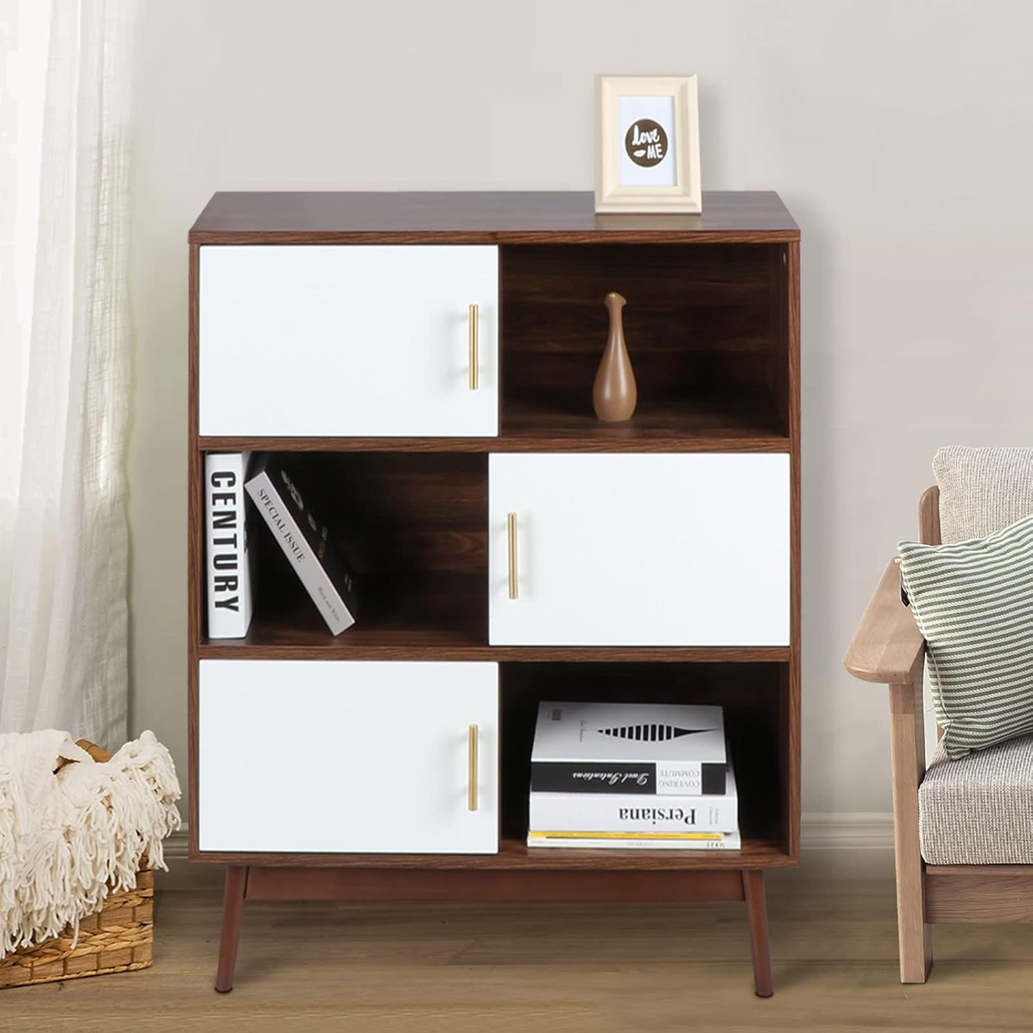 Accent Storage Cabinet, Anmytek Buffet Cabinet Double Door Kitchen Sideboard Furniture with Natural Rattan, White H0013
