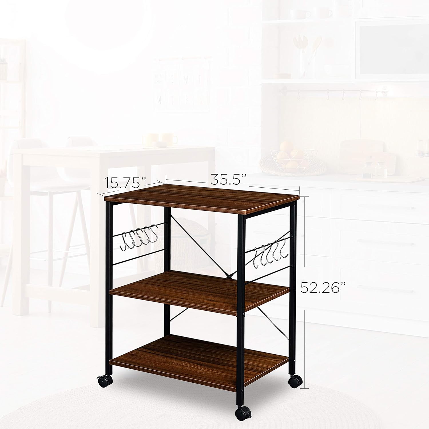 Halter 3-Tier Small Bakers Rack with Storage for Kitchen, Microwave Stand with Hooks, Rolling Utility Cart, Vintage