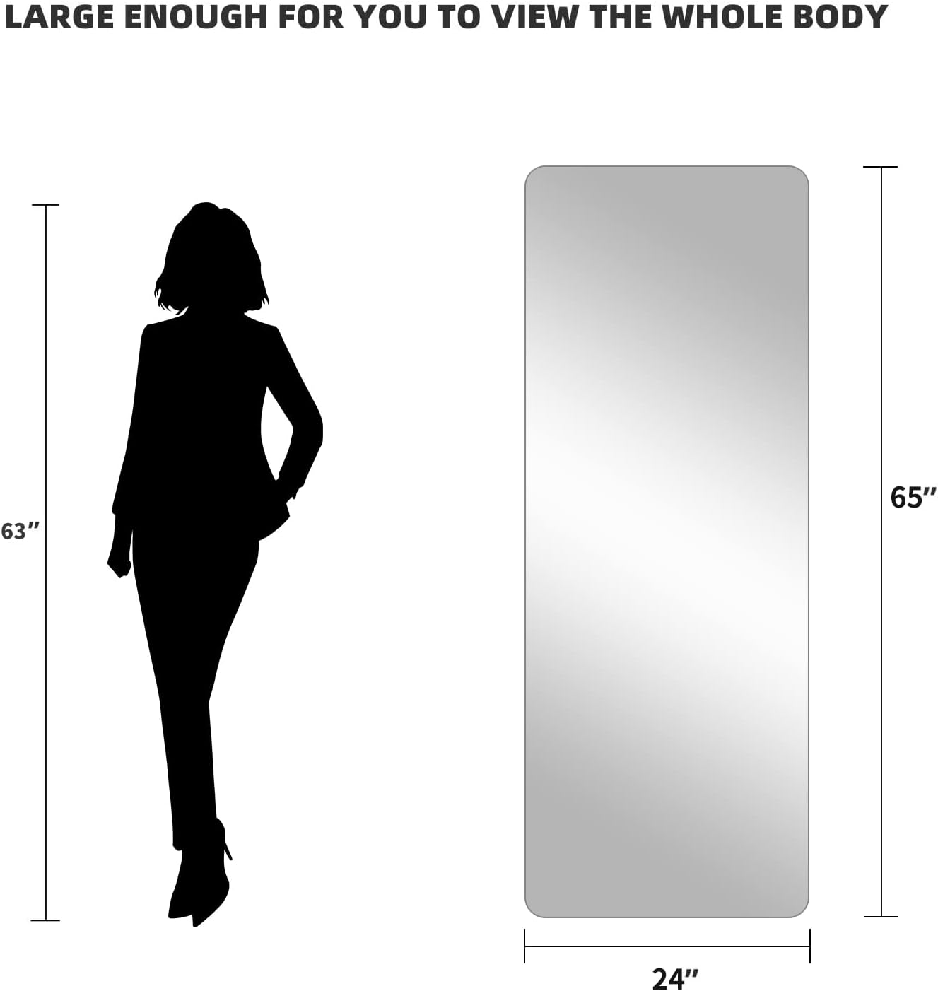 LAIYA 65&rdquo;X24&rdquo; Aluminum Floor Full Length Mirror Body Standing Large Tall Mirror Leaning Dressing Rounded Corner Rimless Big Long Stand Up Mirror for Bedroom 5MM Silver Mirror (Black)