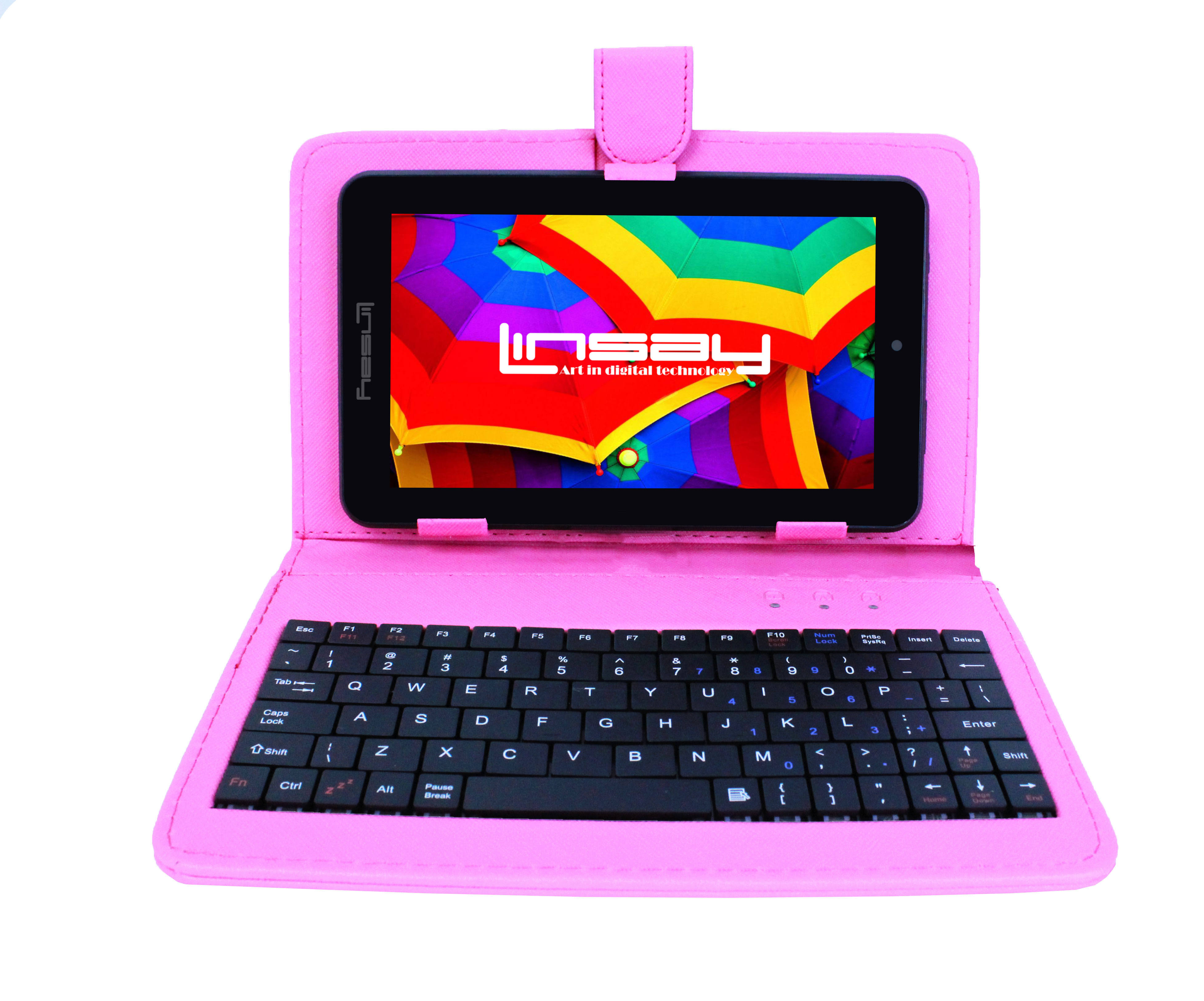 LINSAY 7x22 HD Quad Core Android Tablet in black with Pink Keyboard Case