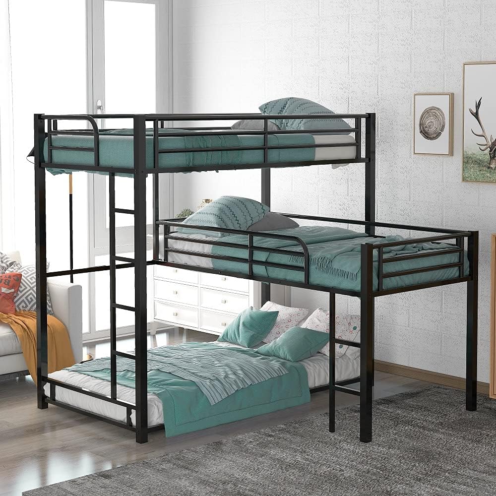Metal Triple Bunk Beds, Twin Over Full Bunk Bed Attached Twin Loft Bed with Desk, L-Shape Triple Beds Frame with Ladders and Guardrails, Safe Design for Kids Teens Adults