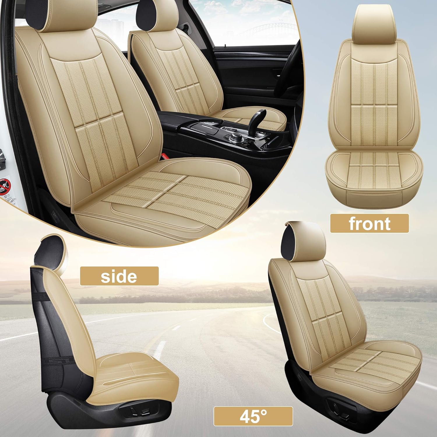 AOOG Leather Car Seat Covers, Leatherette Automotive Vehicle Cover for Cars SUV Pick-up Truck, Universal Non-Slip Vehicle Cover Waterproof Interior Accessories, Full Set.