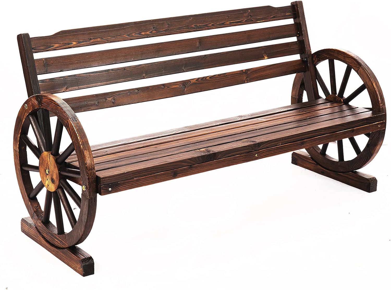 Vagowin Wagon Wheel Bench, Outdoor Bench, Rustic Wooden 2-Person Seat Patio Bench with Backrest for Garden, Porch, Yard