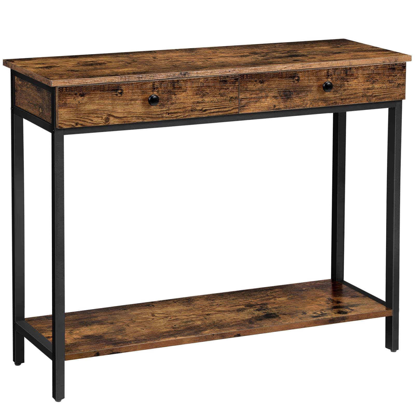 VASAGLE Rustic Brown u0026 Black Industrial Console Table with 2 Drawers