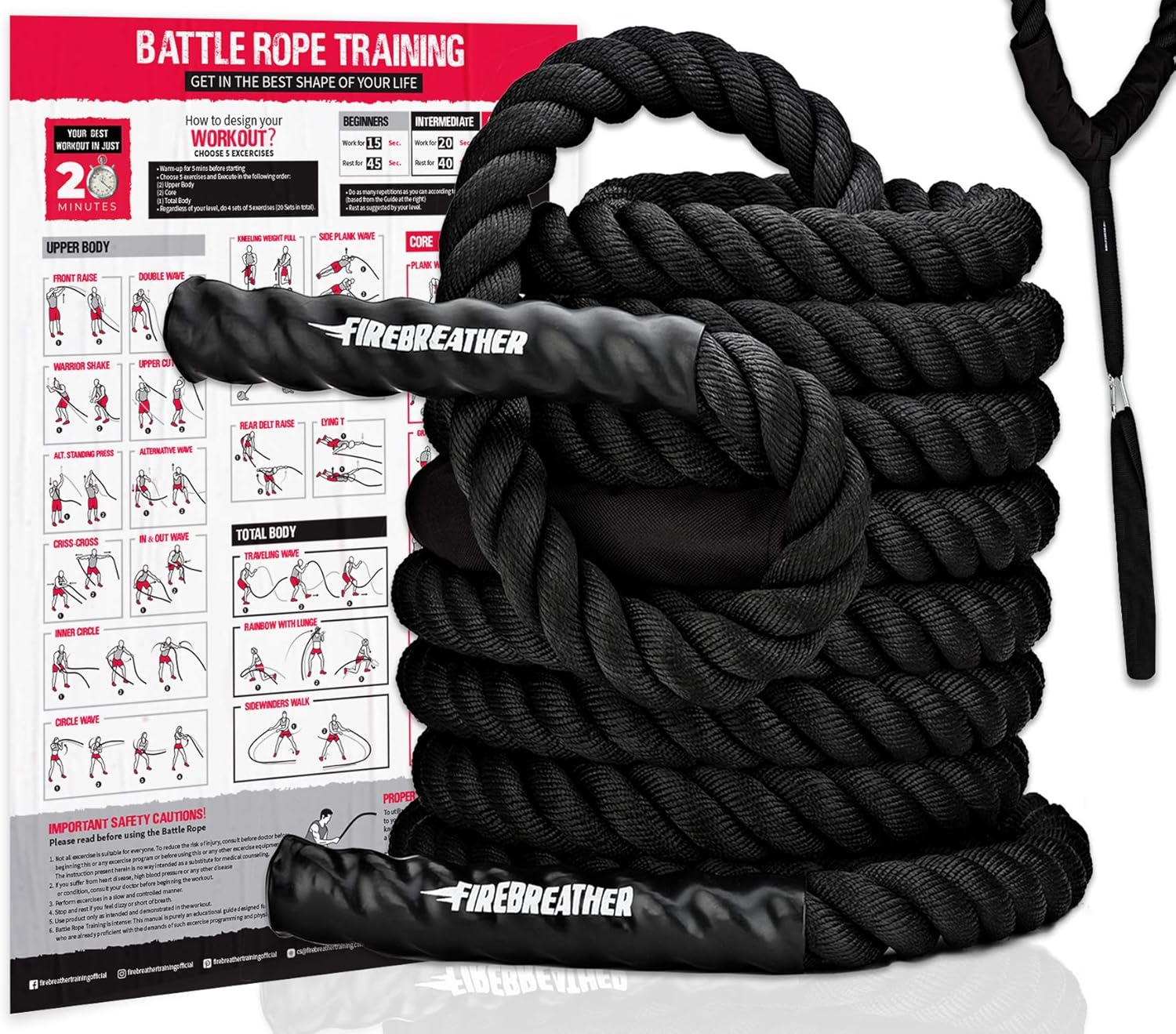 Firebreather Battle Ropes with Anchor Kit and Foldable Poster - Great Rope for Gym & Crossfit - Workout Ropes Heavy for Home - Poly Dacron Conditioning Rope