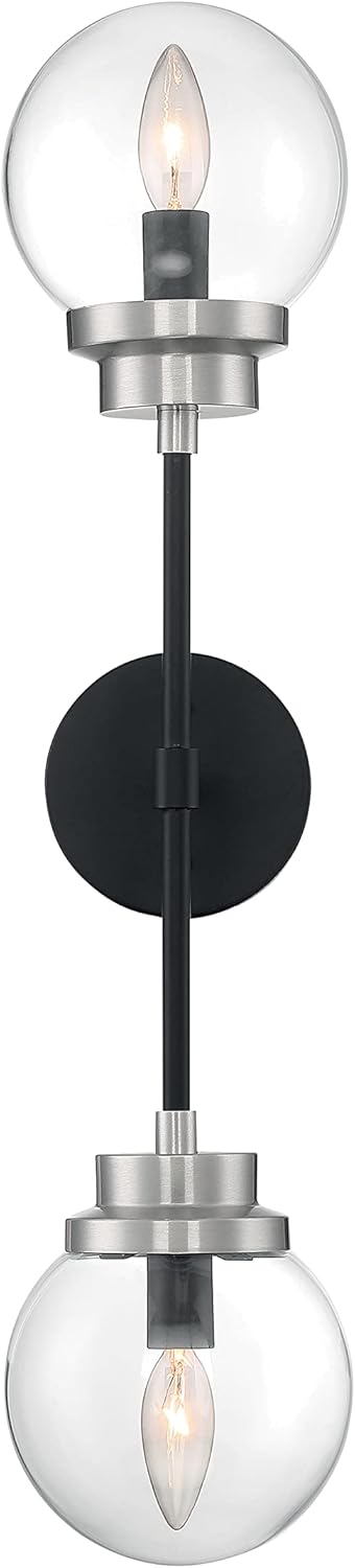 Nuvo 60/7132 Axis 2 Light Wall Sconce, Matte Black/Brushed Nickel Finish with Clear Glass