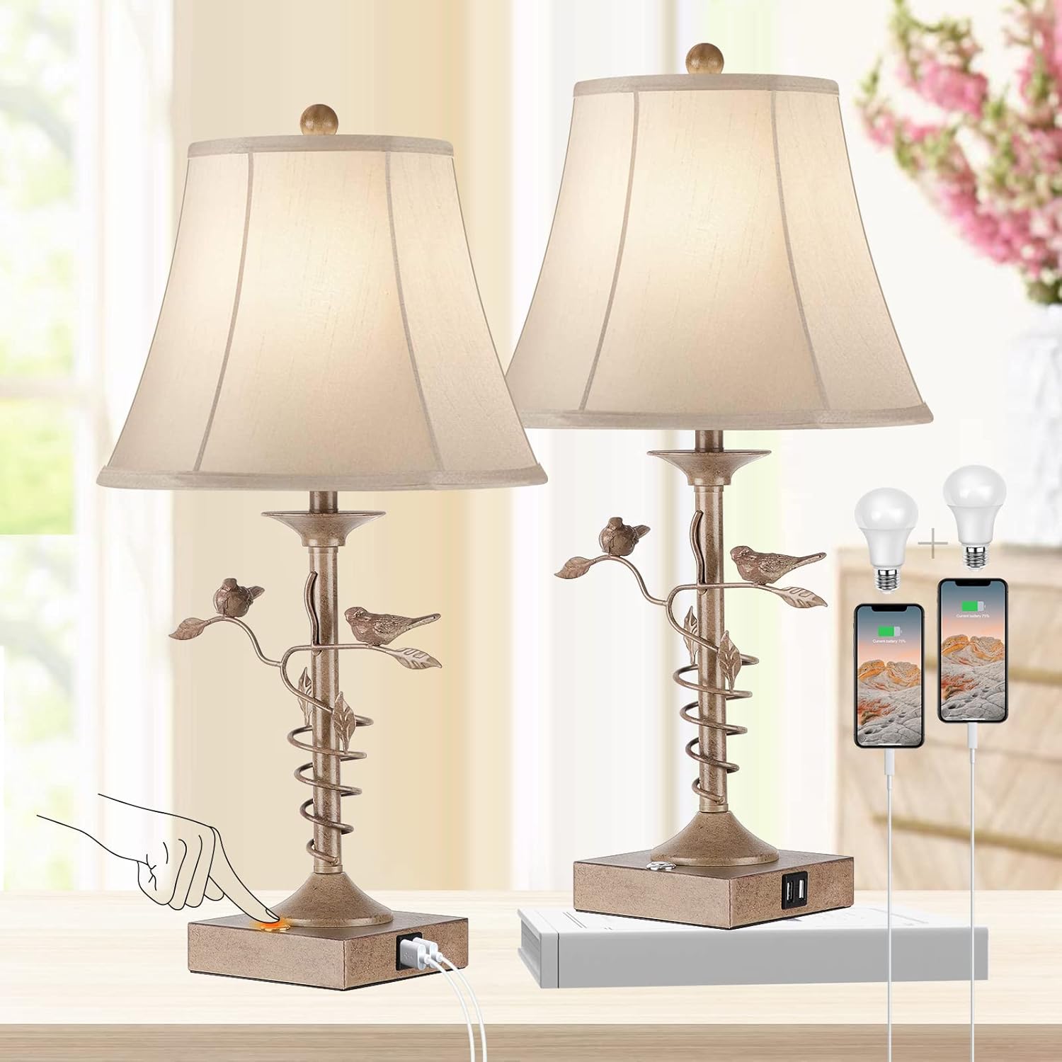 Liitle Bird Lamps for Bedroom Set of Two Table Lamps for Living Room 3-Way Dimmable Bedside Lamp with USB Port and AC Outlet Touch Nightstand Lamp Desk Bed Lamps for Reading Office (Bulbs Included)