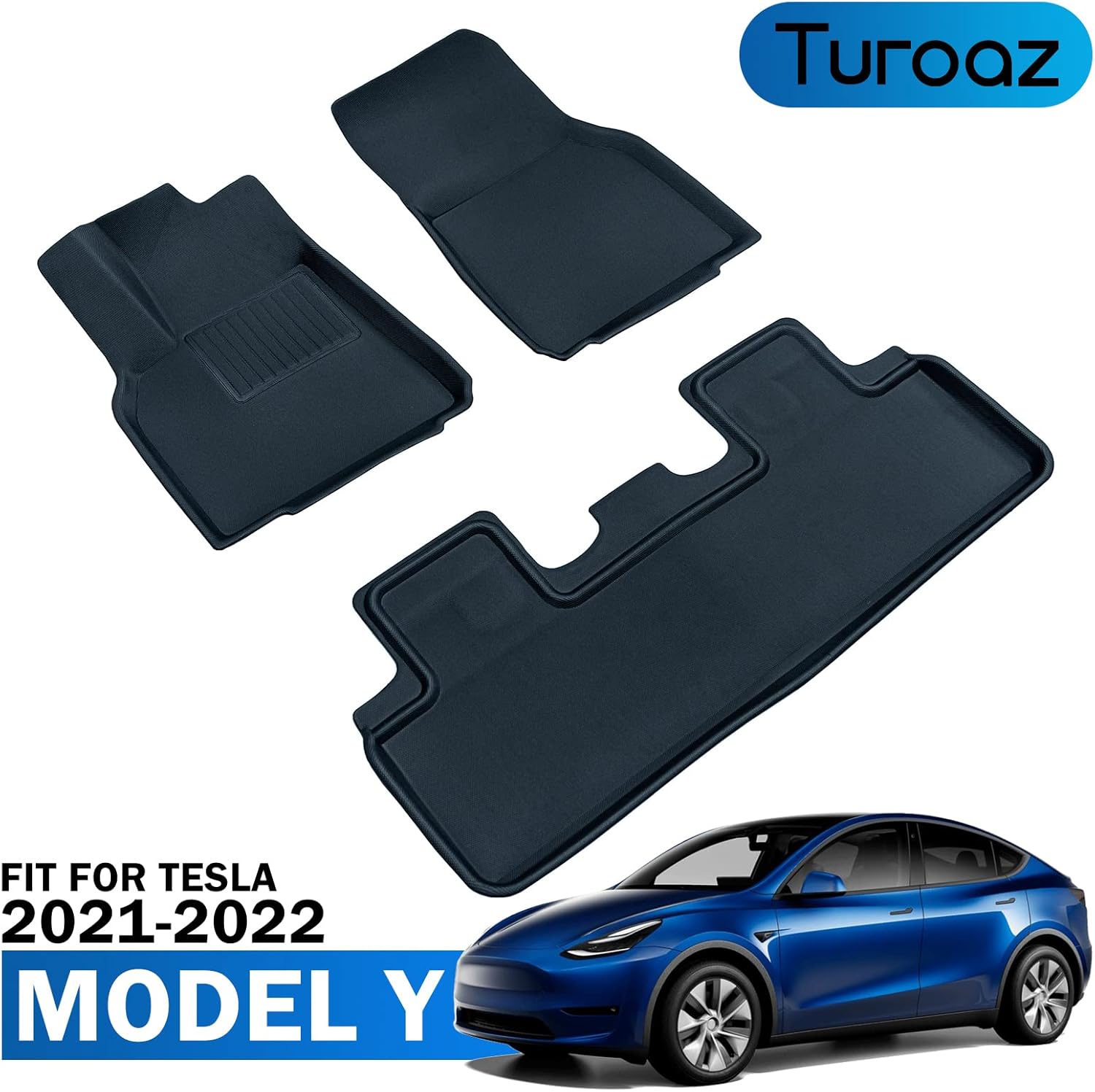 TUROAZ All Weather Floor Mats Compatible with Tesla Model Y 2022 2021, Custom Fit 3D Trunk Floor Liners Cargo Tray, Car Interior Accessories Waterproof Snowproof (1st & 2nd Row for 5 or 7 Seats)