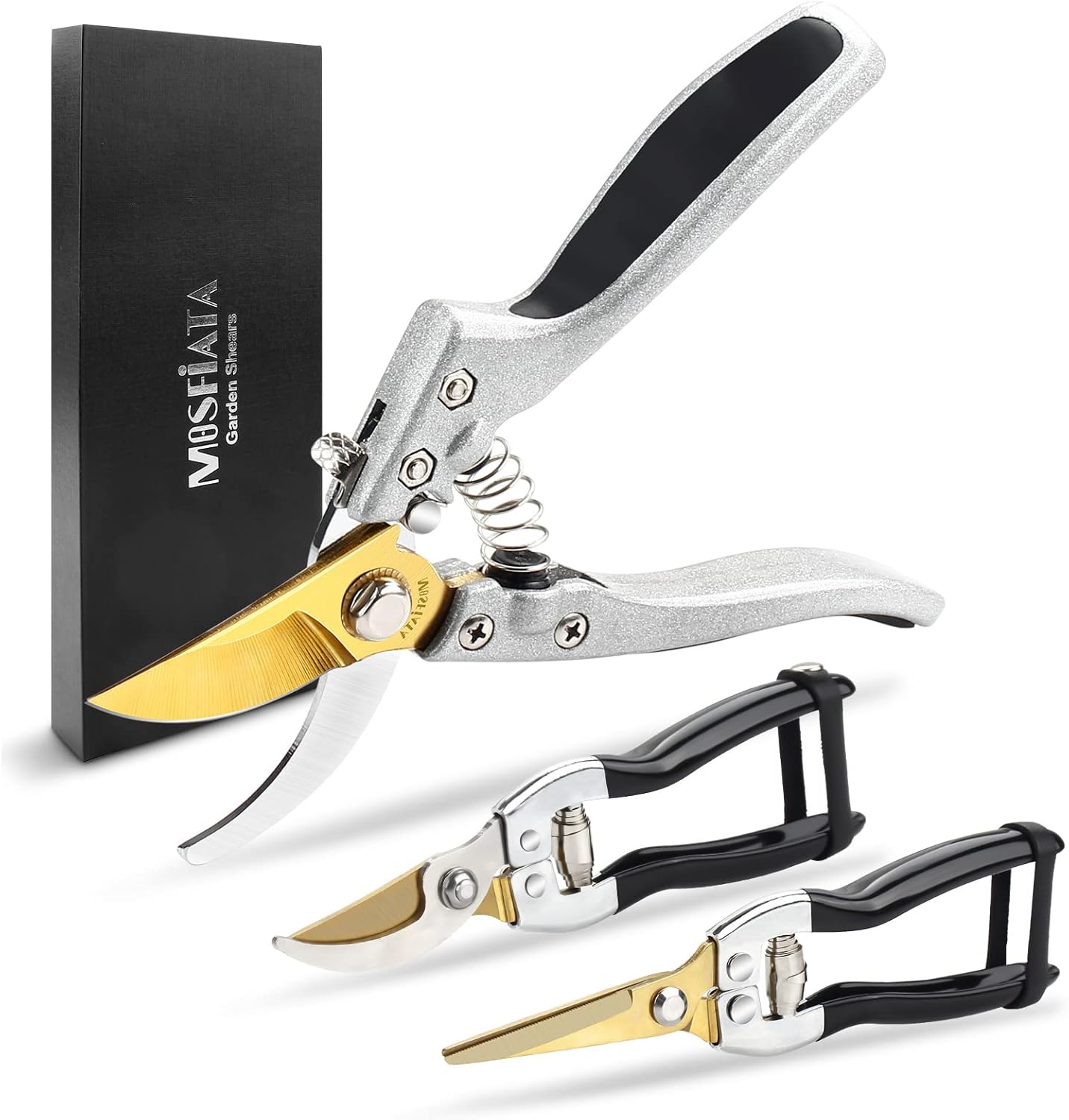 MOSFiATA Garden Shears 3 Pieces, Golden Titanium Coating Blades Pruning Shears, Professional Sharp Stainless Steel Garden Trimming Scissors Kit, Pruners Clippers with Aluminum Alloy Handle Pack of 2
