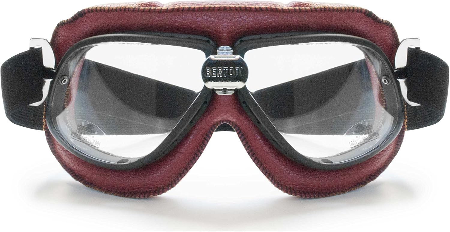 Bertoni Motorcycle Vintage Aviator Goggles in Red Leather w Mat Black Frame w Black Strap AF196R RED by Bertoni Italy Motorbike Riding Glasses