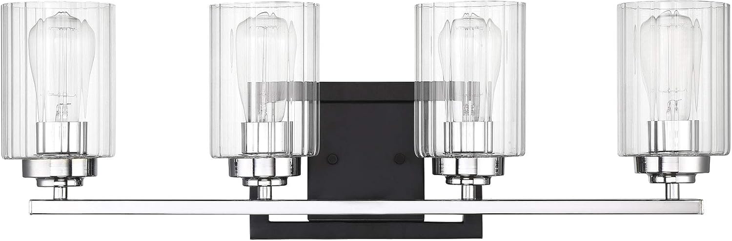 Savoy House 8-2154-4-67 Redmond 4-Light Bathroom Vanity Light in a Matte Black Finish and Polished Chrome Accents with Clear Ribbed Glass (28