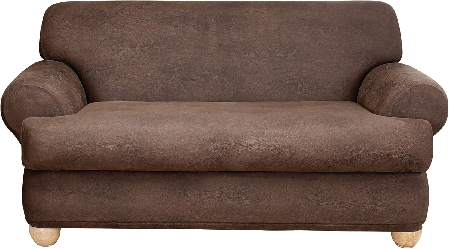 SureFit Home Decor Stretch Leather T-Cushion Loveseat Two Piece Slipcover, Form Fit, Polyester/Spandex, Machine Washable, Brown Color