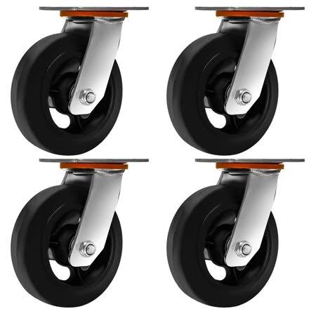 Factorduty 6 inch Heavy Duty Caster Set of 4 Swivel Top Plate Rim Wheel Mold-On Rubber on Cast Iron Steel Caster Wheels Industri