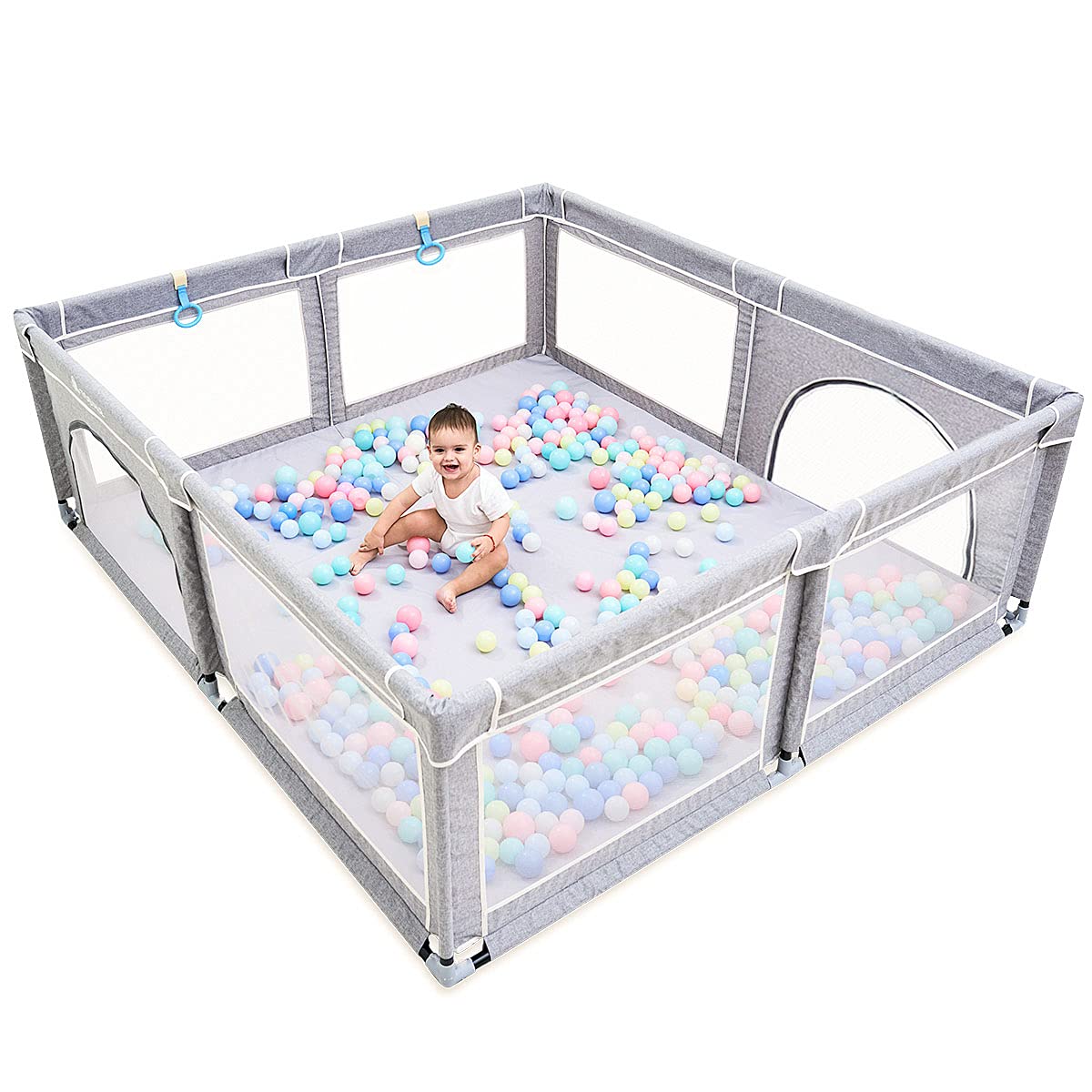 Baby Playpen , Large Baby Playard, arge Playpen for Babies with Gate Indoor & Outdoor Kids Activity Center , Sturdy Safety Play Yard with Soft Breathable Mesh (Grey, 150 X 180cm)