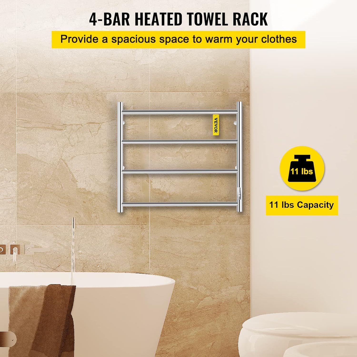 VEVOR Heated Towel Rack, 4-Bar Towel Warmer Rack, Wall Mounted Electric Towel Warmer, Electric Towel Drying Rack with Timer, Polished Stainless Steel Heated Towel Warmer for Bath, Plug-in/Hardwired