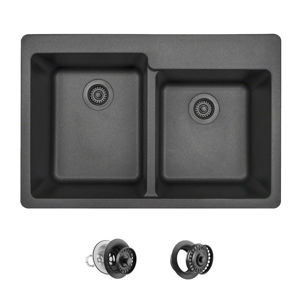 Mr Direct Black Quartz Granite 33 in. Double Bowl Drop-in Kitchen Sink with Strainers