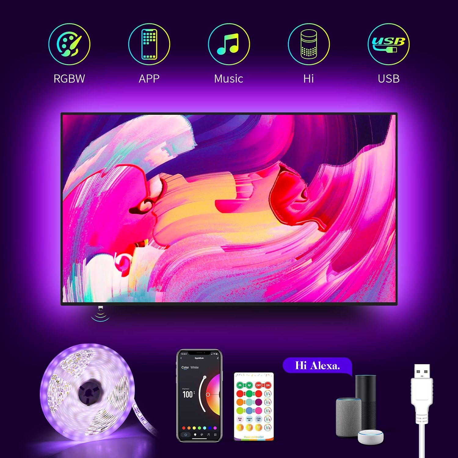 LED Light for 85 Inch TV,19.4Ft USB Smart WiFi TV LED Backlight Sync with Music,RGBW 6500K Bias Lighting,Led Light Strip Compatible with Alexa for 82-95 inch TV,Color Changing,Ambient Mood Lighting Pack of 2