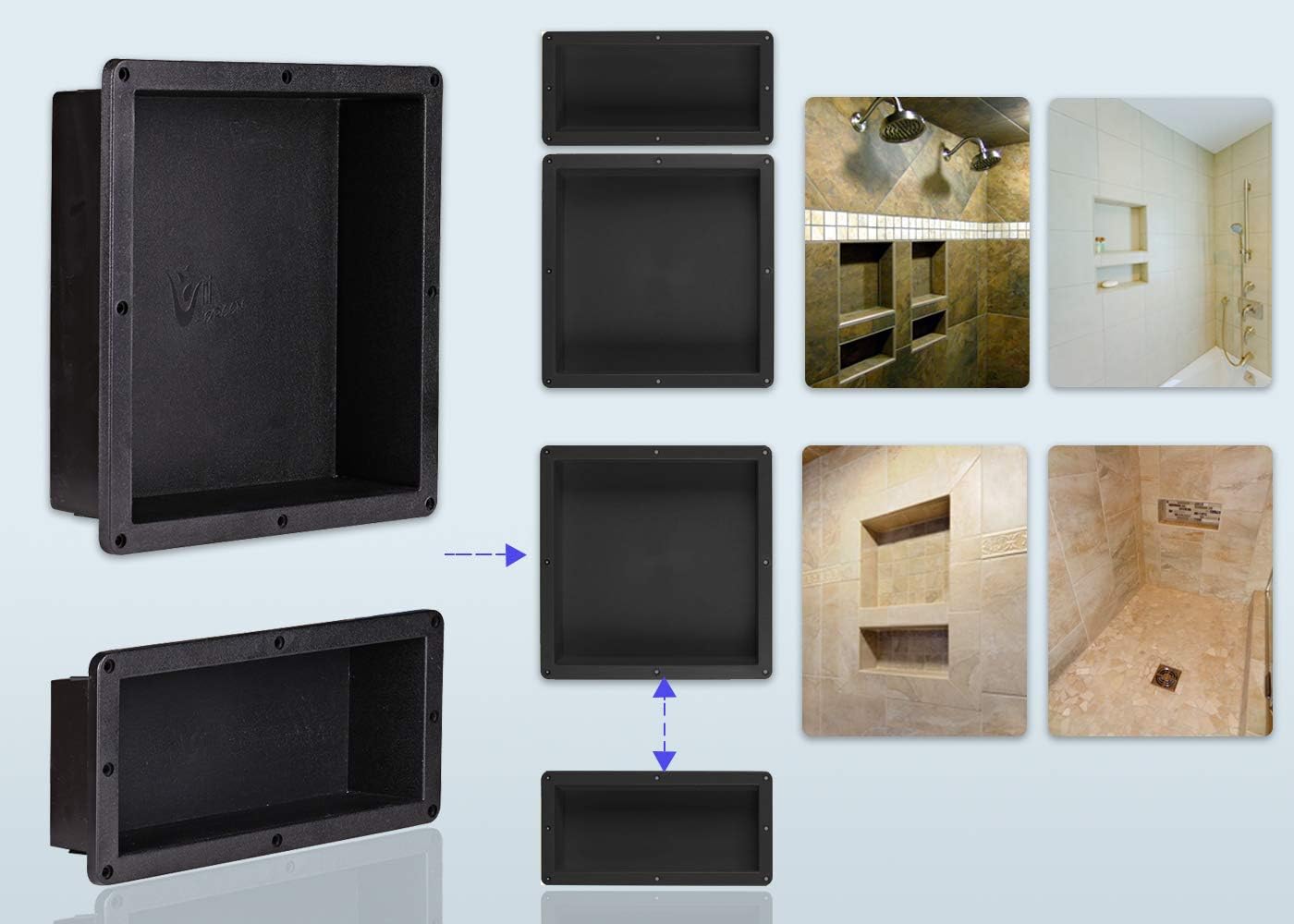 Easy Installation Waterproof Double Recessed Shower Shelves Niche, ABS Plastics Bathroom Shower Niche 16 × 24 Inches for Shampoo, Soap and Foot Rest Pack of 2