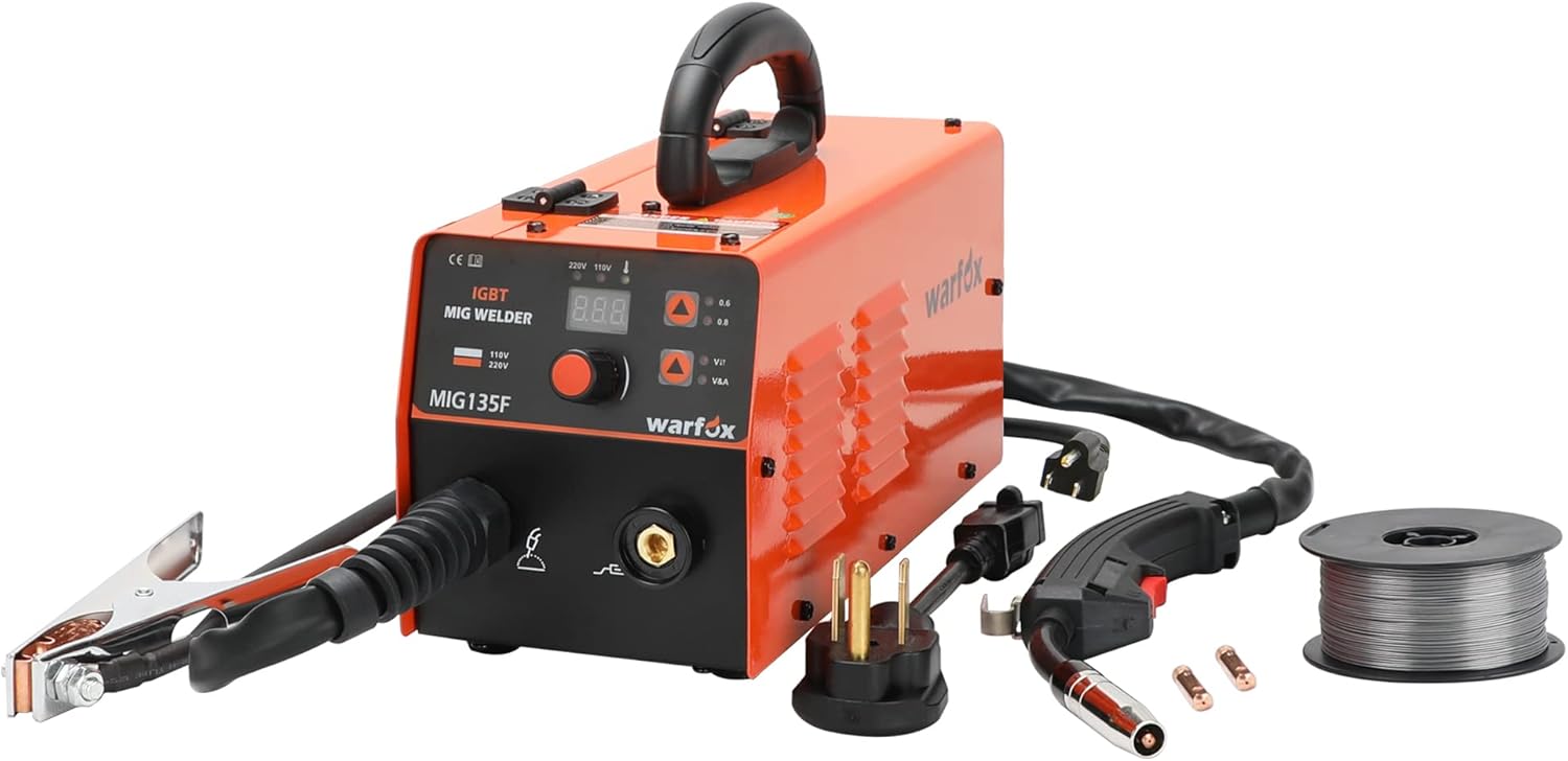 WARFOX Mig Welder, Gasless Flux Core Wire Automatic Feed Welding Machine Mig125F,Dual Voltage 110V/220V Igbt Inverter Mig Home Welder, Orange