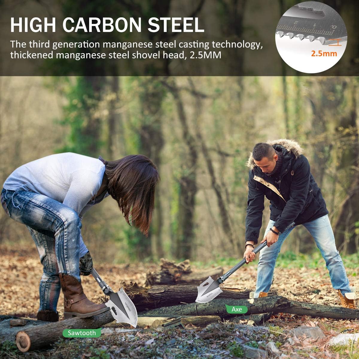 MOSFiATA Axe-Type Camping Shovel Set, Folding Multifunctional Military Shovel, 30 in 1 Survival Shovel with Lengthened Handle Thickened Shovelhead for Camping, Hiking, Backpacking