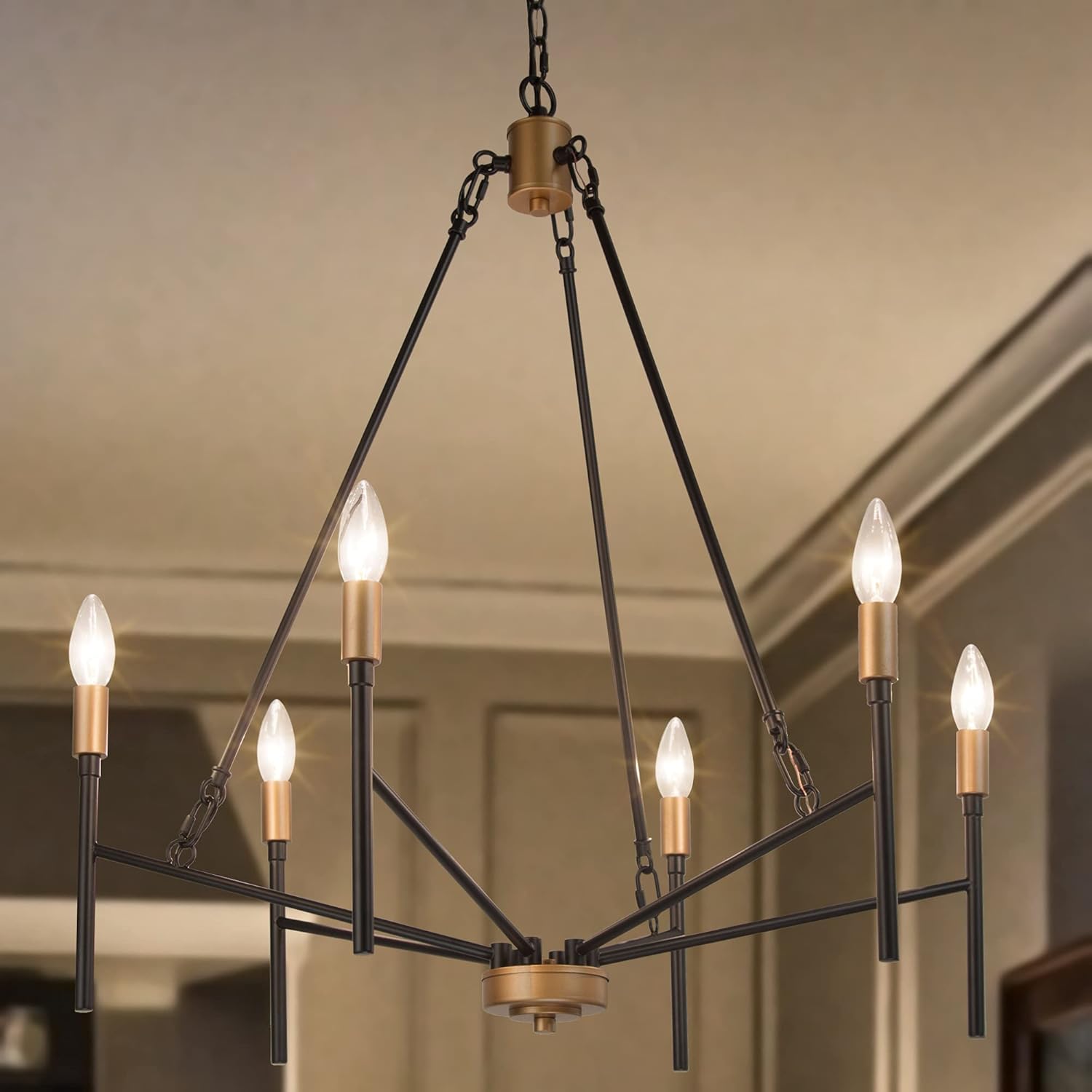 Durent Lighting Black Chandelier Light Fixture, 6-Light Modern Dining Room Chandelier with Gold Finished Lamp Holder, Mid Century Ceiling Light for Living Room, Bedroom, Foyer, Kitchen, Dia 27