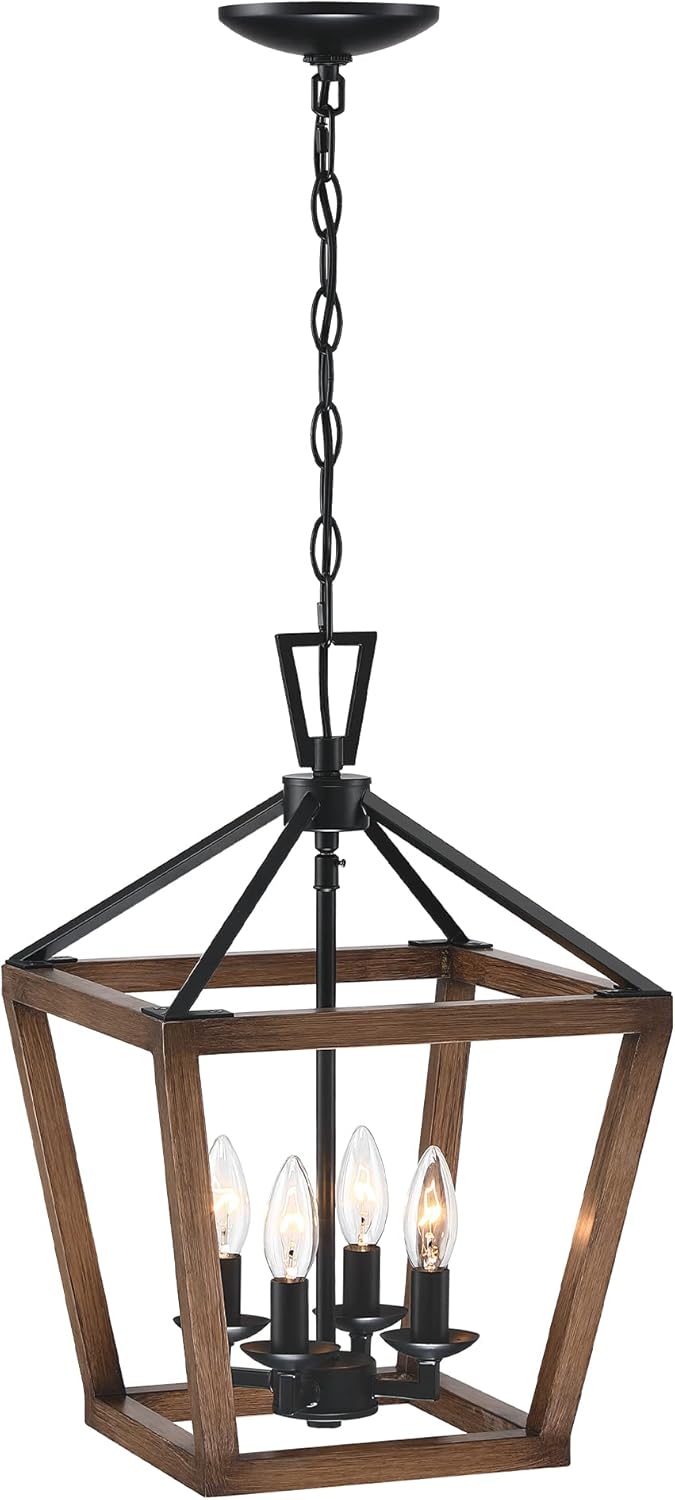 MOTINI 4-Light Wood Lantern Pendant Light in Black and Wood Finish Metal Geometric Fixture Light for Kitchen Island Cage Chandelier Farmhouse Chain Hang Lighting for Dining Room Foyer
