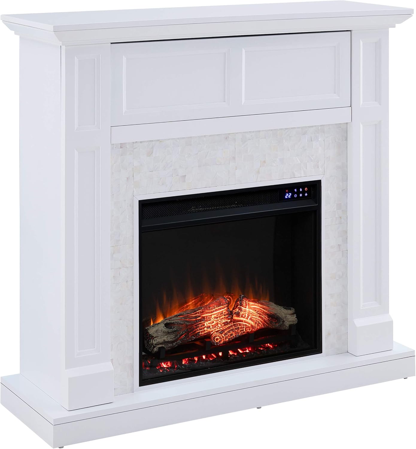 SEI Furniture Nobleman Mother of Pearl Tiled Electric Hidden Media Shelf Fireplace, White