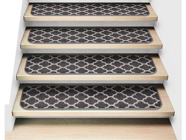 Set of 15 Attachable Indoor Carpet Stair Treads - Moroccan Trellis Lattice - Misty Gray u0026 Linen White - 8 Inches x 26 Inches